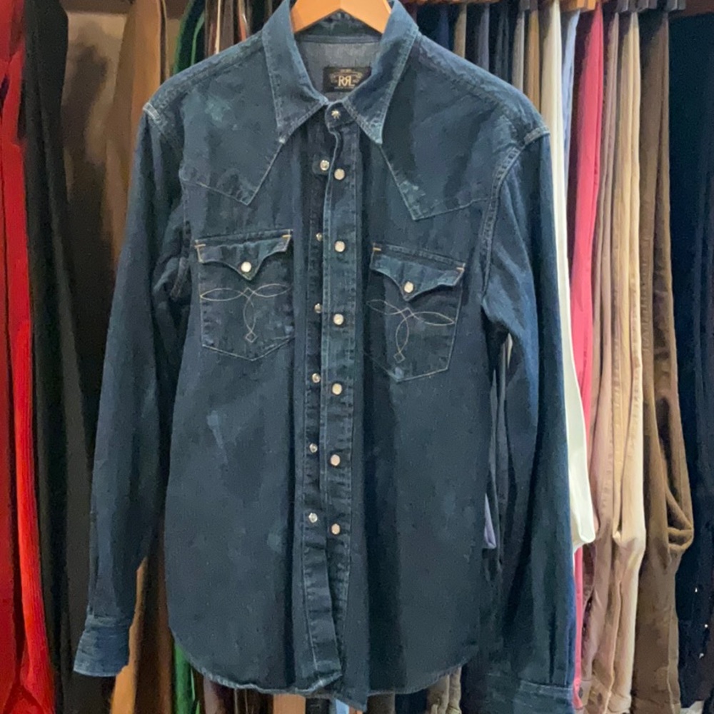 RRL distressed pearl snap denim shirt